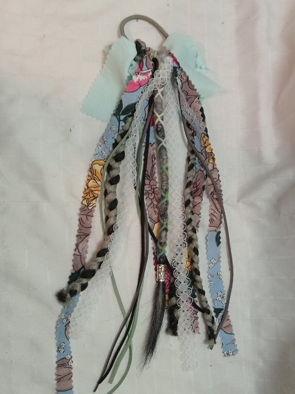 Handmade bohemian hair accessory with dreads, braids, lace ribbons & decorations